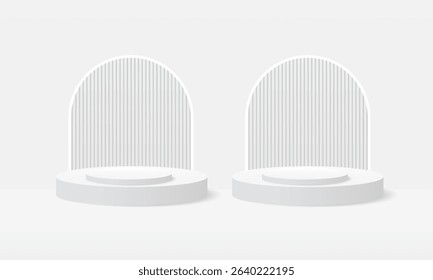 Elegant Minimalist White Podium Scene with Arched Backdrops. Perfect for Luxury Product Display , Modern Branding. 3D white podium White background with light and shadow. Luxury Fashion Stage Mockup.