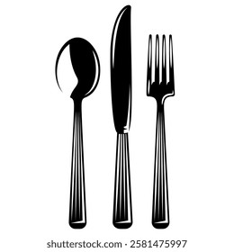 Elegant and minimalistic silhouette of a spoon, knife, and fork set against a clean white background, ideal for restaurant menus, kitchen decor, and culinary-themed designs