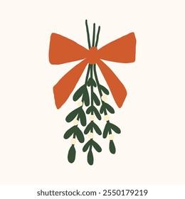 Elegant mistletoe with a red bow captures festive charm and holiday spirit. Vector hand drawn illustration in freehand style