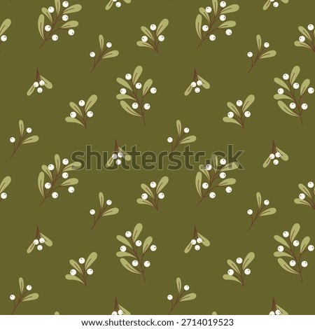 Elegant mistletoe seamless pattern with soft winter greenery and white berries on a rich olive green background.