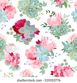 Elegant mixed bouquets of succulents, echeveria, burgundy and white peony, protea, camellia, carnation, hydrangea seamless vector design pattern. Modern stylish bunch of flowers.