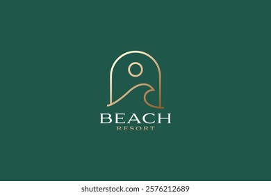 Elegant and Modern Beach Resort Logo Featuring Abstract Wave, Sun and Archrway Elements