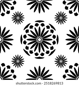 Elegant and modern black and white floral pattern featuring a central large flower surrounded by eight smaller flowers