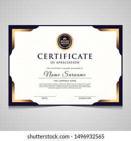 Elegant modern blue and gold diploma certificate template.Use for print, certificate, diploma, graduation