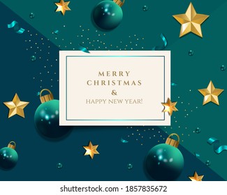 Elegante, moderno fondo vectorial de Navidad con estrellas doradas y bolas de navidad.