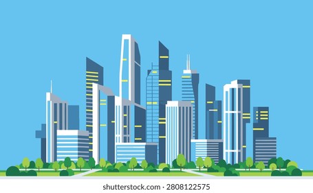 Elegant modern cityscape displaying a cluster of tall blue and white skyscrapers with green park trees in the foreground.