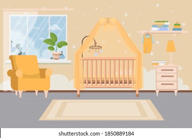 Elegant, modern, comfortable baby toddler bedroom, room interior. Baby crib, chair, table and shelf. Wall with decorations. 