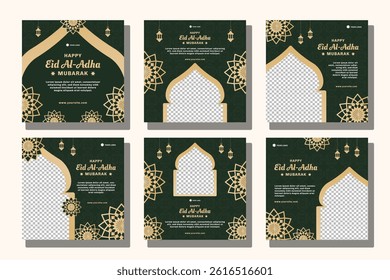 Elegant and Modern Eid al-Adha Instagram Feed Post with Golden Islamic Theme for Social Media Greetings Collection, Green background