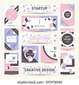 Elegant modern flyers and cards with origami and geometric elements. Trendy Retro design poster, cover, card and banner. Abstract design backgrounds, placards collection and mobile website.
