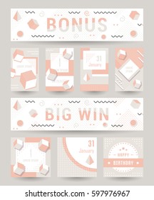Elegant modern flyers and cards with origami and geometric elements. Trendy Retro design poster, cover, card and banner. Abstract design backgrounds, placards collection and mobile website.