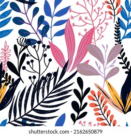 Elegant modern foliage and leaves on branches ornament or decoration. Romantic blooming and blossom flora. Background or print for fabric or wallpaper, seamless pattern. Vector in flat style