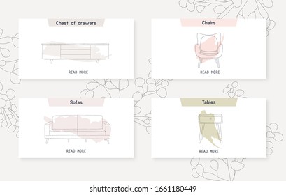 Elegant modern furniture and home interior decorations on a posters. Vector illustration.