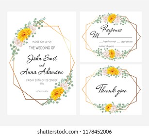 Elegant modern geometric wedding invitation set with yellow chrysanthemum, purple and white roses, white peony. This wedding invitation template set includes four templates: invitation card, rsvp card