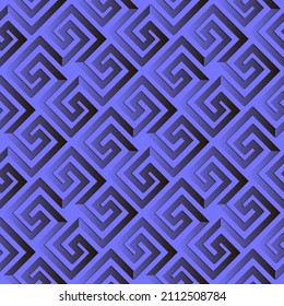 Elegante y moderno diseño griego 3d sin fisuras. Fondo vector ornamental en color de moda 2022. Repita el fondo ornamentado en color muy peri. Ornamento de superficie violeta de gradiente con laberintos, llave verde, serpenteantes.