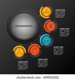 Elegant modern infographic template. Five options vector illustration. 5 steps business concept for workflow, data, process, parts with big target in left