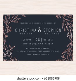 Elegant and modern leaves floral wreath wedding invitation card template. Vector illustration.