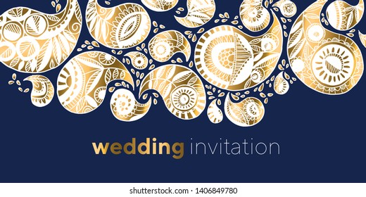 Elegant modern luxury paisley pattern for wedding invitation, card, header, poster, decor. Boho style hand drawn traditional floral pattern. Doodle vector illustration.