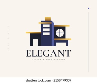 Elegant Modern and Minimalist Real Estate Logo Design in Blue and Gold Gradient. Abstract House Logo for Architecture or Construction Business Brand Identity