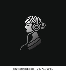 An elegant and modern monochrome logo featuring an abstract representation of a female figure with stylized hair and headphones. Ideal for businesses related to music, beauty, or art.