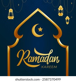 Elegant and modern Ramadhan Kareem banner featuring Islamic geometric patterns, hanging lanterns, and a crescent moon. Perfect for social media, websites, and digital promotions for Ramadan sales.
