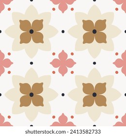 Elegant modern seamless pattern with geometric floral tiles. Vector abstract texture in traditional ceramic tile style. Symmetrical background with flowers and dots