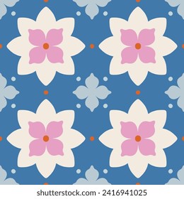 Elegante diseño moderno y sin fisuras con baldosas florales geométricas. Textura abstracta vectorial en el estilo tradicional de azulejos cerámicos. Fondo simétrico con flores y puntos