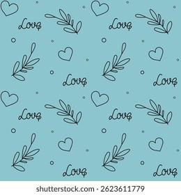 Elegant and modern seamless vector pattern featuring hearts, leaves, and the word "Love" on a soft blue background. Perfect for romantic designs, seasonal patterns, and eco-friendly products.