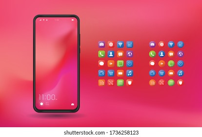 Elegant and modern smartphone with colorful icons, applications. Mobile phone isolated on background. 