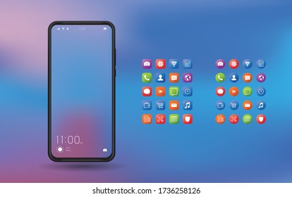 Elegant and modern smartphone with colorful icons, applications. Mobile phone isolated on background. 