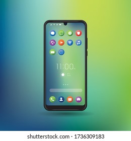 Elegant and modern smartphone with colorful icons, applications. Mobile phone isolated on background. 