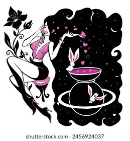 An elegant modern sorceress is talking on the phone and brewing an elixir of attractiveness with bunny assistants. Vector funny illustration