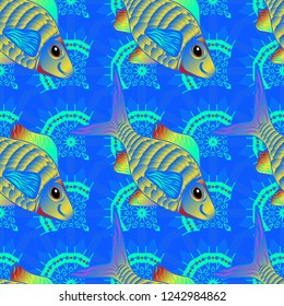 Elegant modern style cute marine with green, yellow and blue fishes. Seamless sea travel pattern, underwater diving animal - tropical green, yellow and blue fish. Vector abstract template.