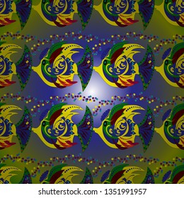 Elegant modern style cute marine with yellow, green and violet fishes. Seamless sea travel pattern, underwater diving animal - tropical yellow, green and violet fish. Vector abstract template.