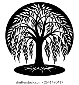 Elegant and modern, this vector design features a silhouetted willow tree artfully contained within a circle. 
