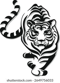 Elegant modern tiger design in black and white, highlighting fine details, Creative graphic artwork of a roaring tiger in stylized tribal form, ideal for tattoo inspiration, branding, or wildlife them