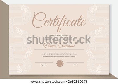 Elegant modern vector achievement certificate template. Minimalistic design with abstract lines and leaves, editable for any awards.