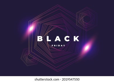 Elegante diseño vectorial moderno con figuras de líneas delgadas y brillante y grabado negro Viernes en el fondo negro