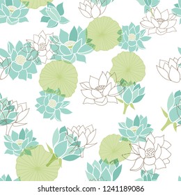 Elegant modern waterlilies or lotus flowers on transparent leaves seamless pattern background in grey and blue scheme color. Vector. Ideal for home decor, fabric, paper goods, packaging.
