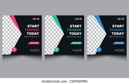 Elegant modern web banner gym fitness sports ads business social media post template design. Clean corporate advertising exercise web banner social media post design pink blue green black color. 