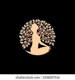 Elegant and Modern Yoga tree design with a beautiful human 
pose in the middle of the tree
