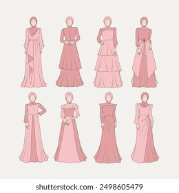 Elegant Modest Fashion Illustration with Pink Dresses. Features nine unique dress designs in soft pink tones with hijabs. Ideal for showcasing modest fashion trends and design inspiration.