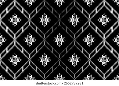 Elegante padrão monocromático sem emenda preto e branco, estrela pixelada, motivos em diamante. Ideal para têxteis clássicos, moda sofisticada, fundos digitais, desenhos gráficos detalhados, impressão de tecido