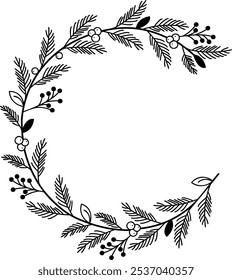 Elegant monochromatic floral wreath illustration with leaves and berries for Christmas decorations, paintings, drawings, and ornament design. Classic xmas semi circle decor.