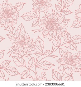 Elegante fondo vectorial monocromático rosa pastel floral con flores de dalia, viñas escaladas patrón de repetición sin fisuras. Papel mural femenino de lujo primavera con elementos botánicos de la línea dibujada a mano.