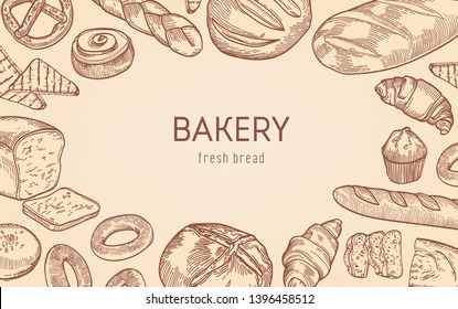 Elegant monochrome background with frame made of breads, sweet baked products, homemade pastry. Realistic hand drawn vector illustration in vintage style for bakery, bakeshop, bakehouse advertisement.