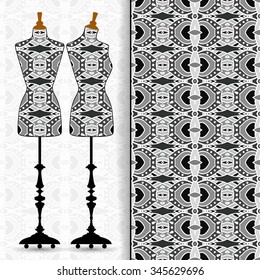 Elegant monochrome card with stylized body form dress mannequin over hand drawn tribal seamless background, fashion design, for greeting, invitation card, or cover. Vector illustration.