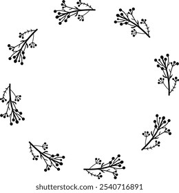 Elegant monochrome circular floral wreath illustration, ideal for minimalist designs, vintage decor, wedding invitations, and botanical art projects.