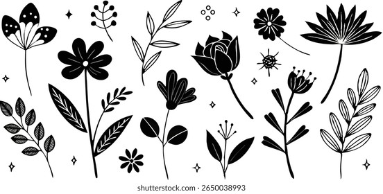 Elegant monochrome floral and botanical elements set