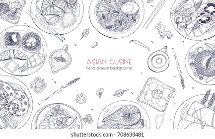 Elegant monochrome hand drawn background with traditional Asian food, detailed tasty meals and snacks of oriental cuisine - wok noodles, sashimi, gyoza, fish and seafood dishes. Vector illustration.