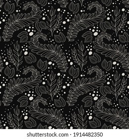 Elegant Monochrome Nature Background with flowers and branches, Decorative Vector Seamless Pattern